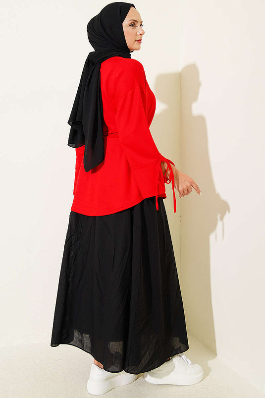 Red Tie-Detail Slit Sleeve Loysha Tunic