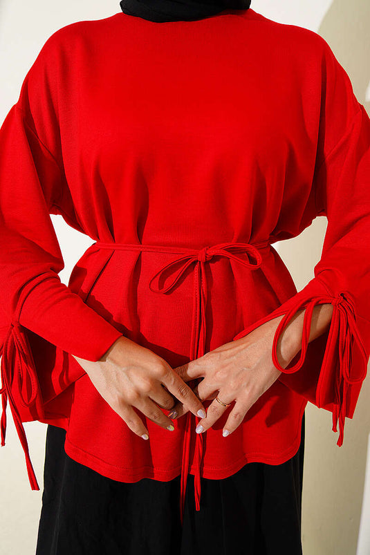 Red Tie-Detail Slit Sleeve Loysha Tunic