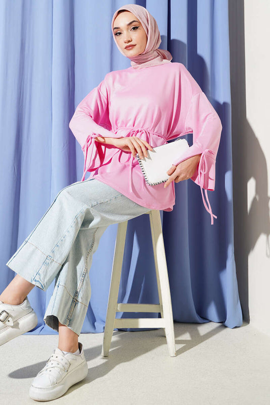 Bilek Yırtmaçlı İpli Loyşa Tunik Pembe