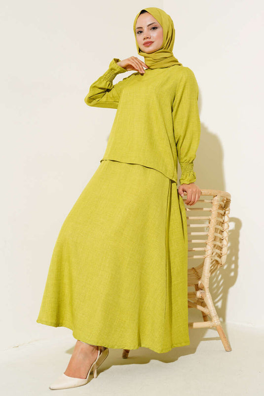 Bilekleri Lastikli Etekli İkili Takım Yağ Yeşili