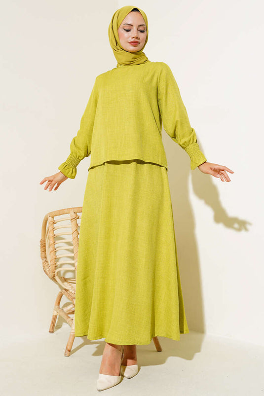 Bilekleri Lastikli Etekli İkili Takım Yağ Yeşili