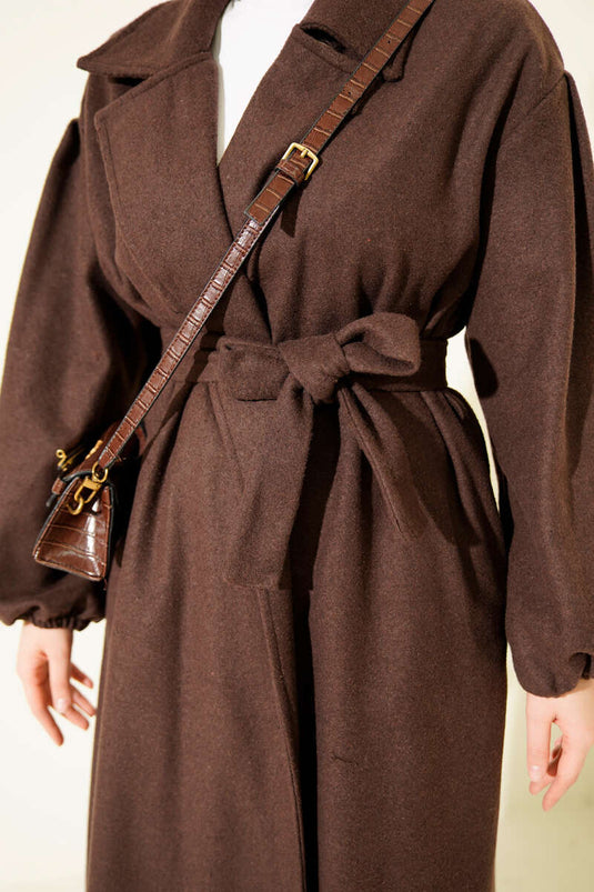 Manteau En Laine À Poignets Élastiqués Et Bande En Café