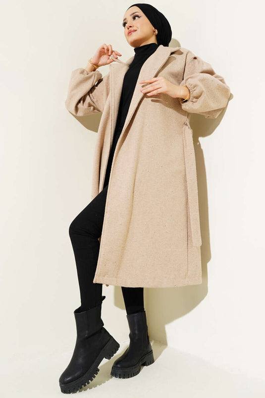 Bilekleri Lastikli Kaşe Kaban Latte