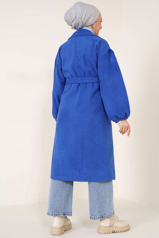 Bilekleri Lastikli Kaşe Kaban Saks