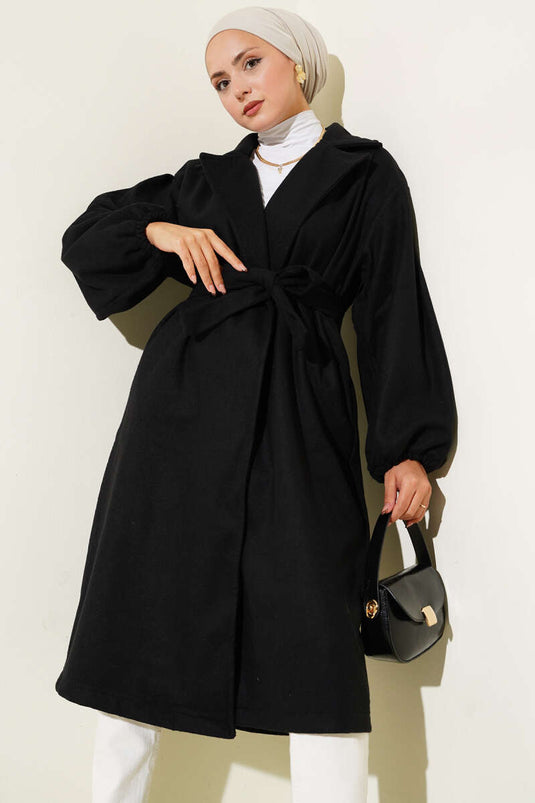 Black Wool Blend Belted Coat With Elastic Cuffs
