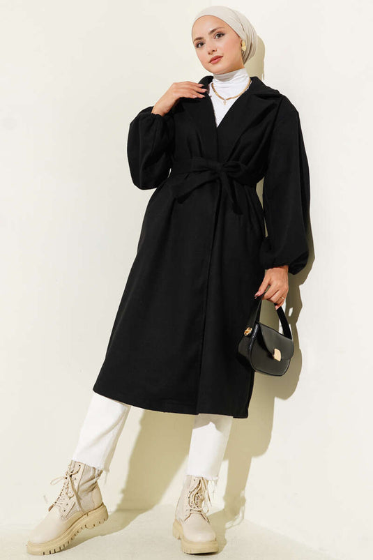 Black Wool Blend Belted Coat With Elastic Cuffs