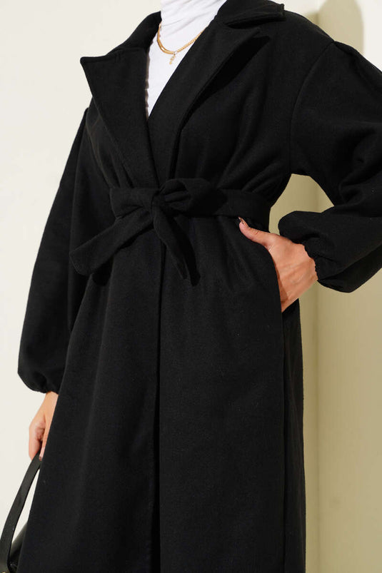 Black Wool Blend Belted Coat With Elastic Cuffs