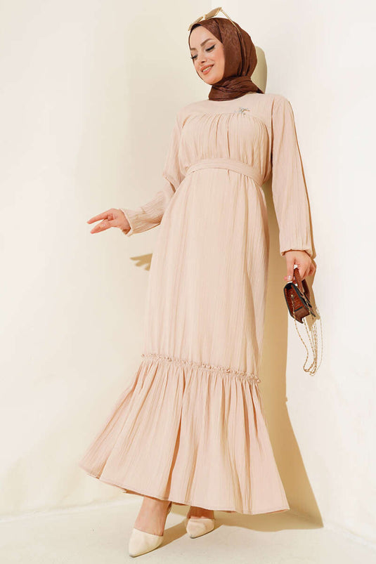 Bilekleri Lastikli Kuşaklı Elbise Bej