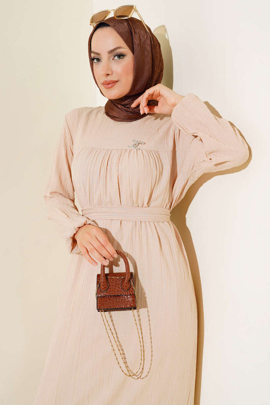 Bilekleri Lastikli Kuşaklı Elbise Bej