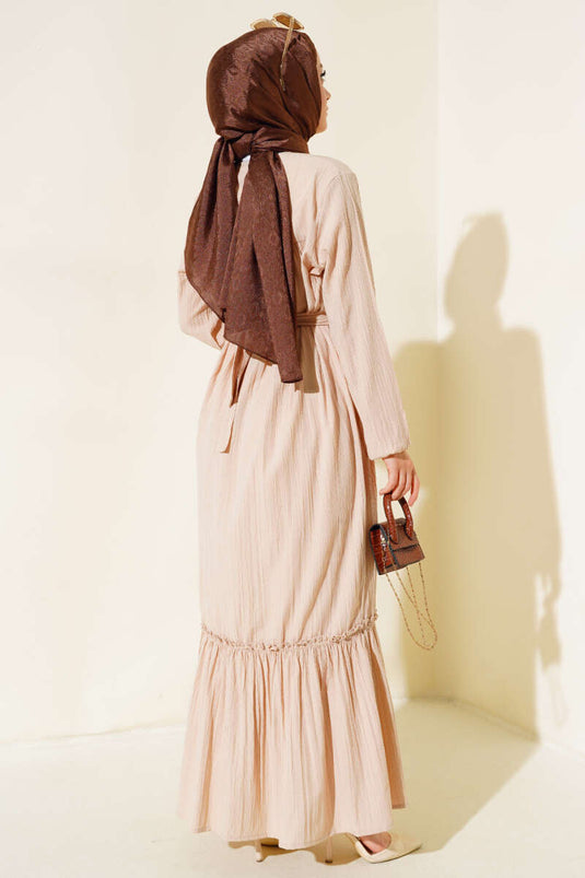 Bilekleri Lastikli Kuşaklı Elbise Bej