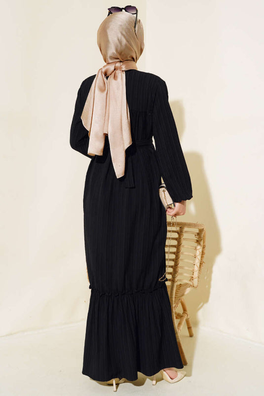 Bilekleri Lastikli Kuşaklı Elbise Siyah