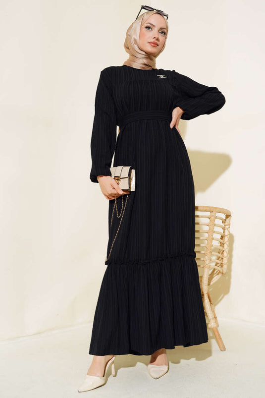 Bilekleri Lastikli Kuşaklı Elbise Siyah