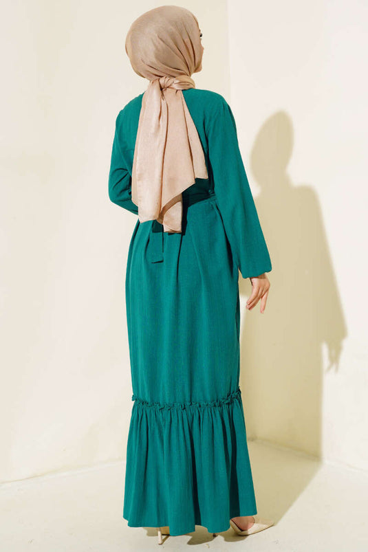 Bilekleri Lastikli Kuşaklı Elbise Zümrüt Yeşili