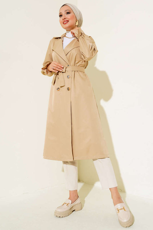 Belted Trench Coat with Elastic Wrists, Beige