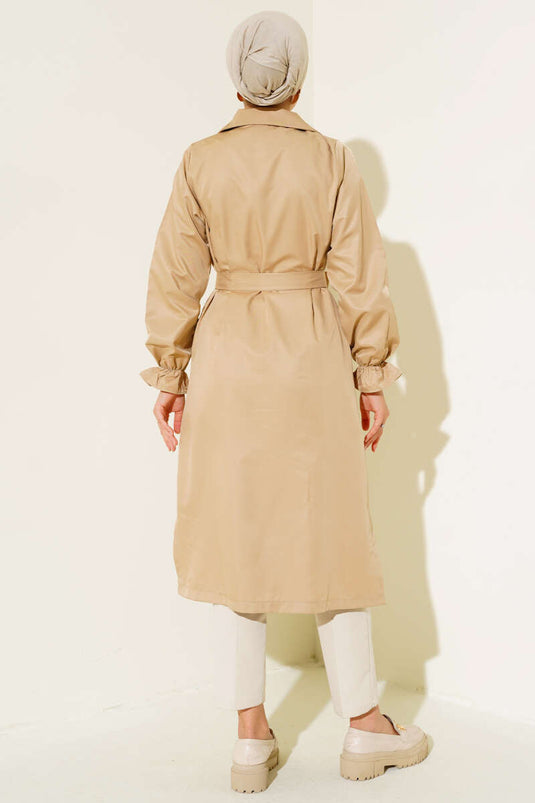 Belted Trench Coat with Elastic Wrists, Beige