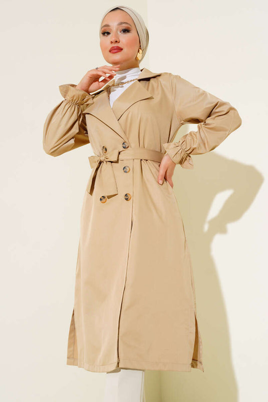 Belted Trench Coat with Elastic Wrists, Beige