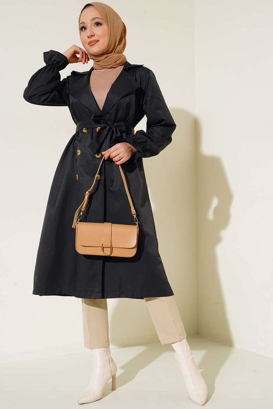 Trenchcoat met riem en elastische enkels, zwart