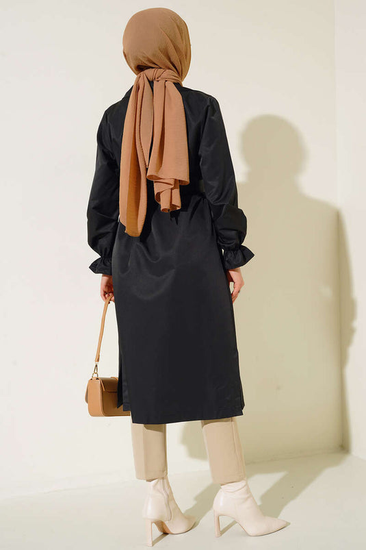 معطف ترنش بحزام وكاحل مرن، أسود