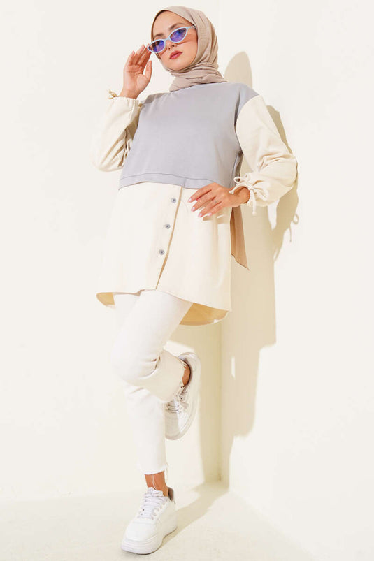 Bilekleri Tünelli Garnili Tunik Gri