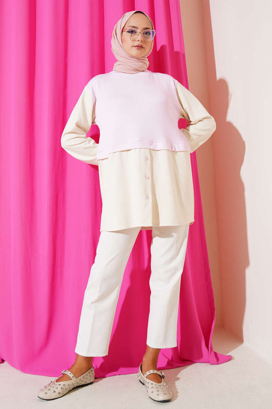 Bilekleri Tünelli Garnili Tunik Pembe