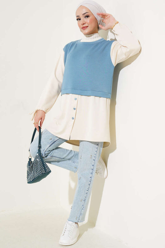 Bilekleri Tünelli Garnili Tunik Petrol