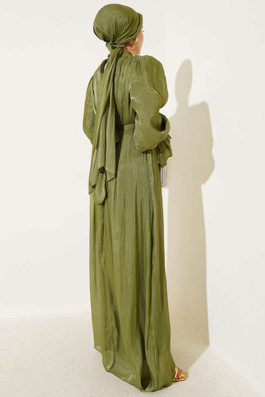 فستان مع شال معصم مكشكش وحقيبة هدايا، لون أخضر لوزي