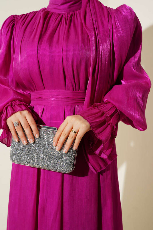 Bilekten Fırfırlı Şal Hediyeli Elbise Fusya