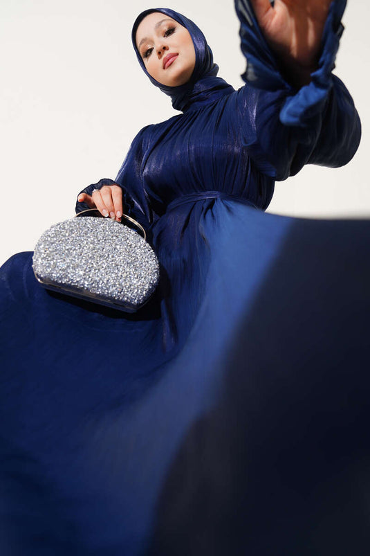 Bilekten Fırfırlı Şal Hediyeli Elbise Lacivert