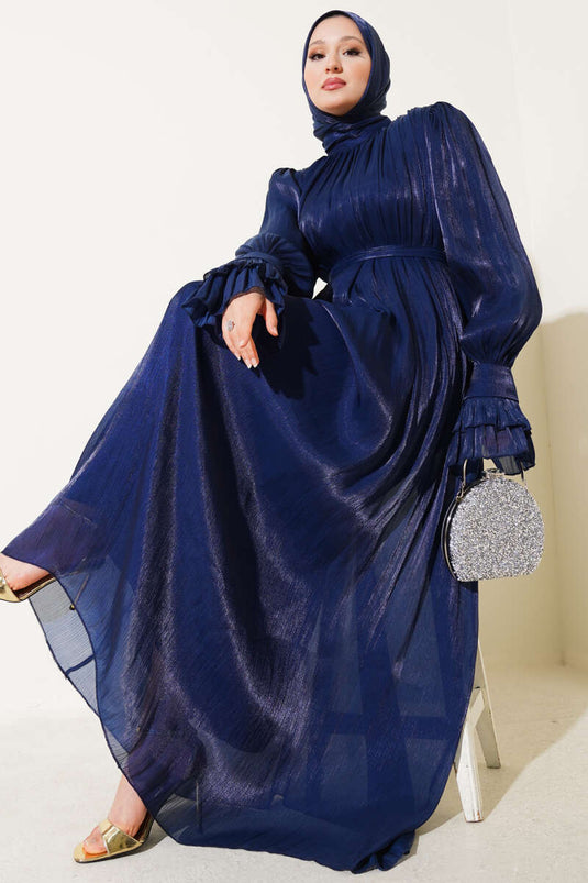 Bilekten Fırfırlı Şal Hediyeli Elbise Lacivert