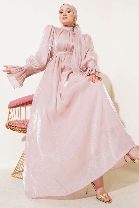 Bilekten Fırfırlı Şal Hediyeli Elbise Pudra