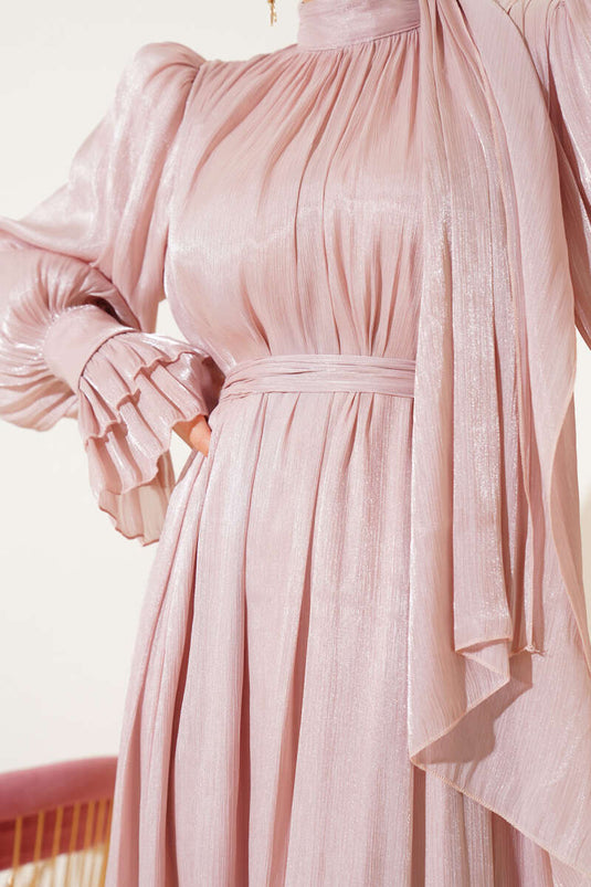 Bilekten Fırfırlı Şal Hediyeli Elbise Pudra