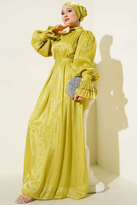 Olive Green Dress with Ruffled Wristband and Gift Scarf