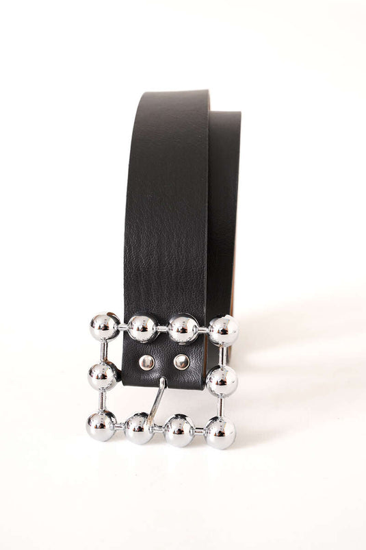 Beaded Buckle Belt Black Silver