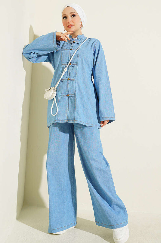 Light Blue Buttoned Tie-Detail Denim Two-Piece Set