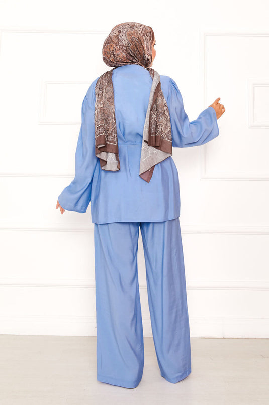 Brit Buttoned Removable Belted Two-Piece Suit Baby Blue