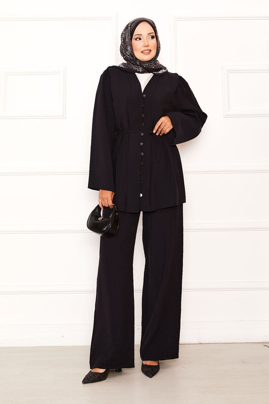 Costume deux pièces Brit noir boutonné avec ceinture amovible