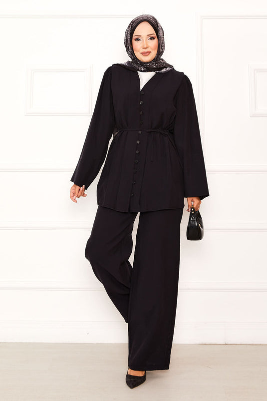 Costume deux pièces Brit noir boutonné avec ceinture amovible