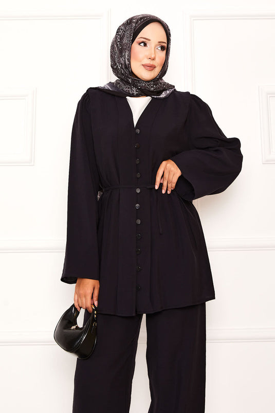 Costume deux pièces Brit noir boutonné avec ceinture amovible