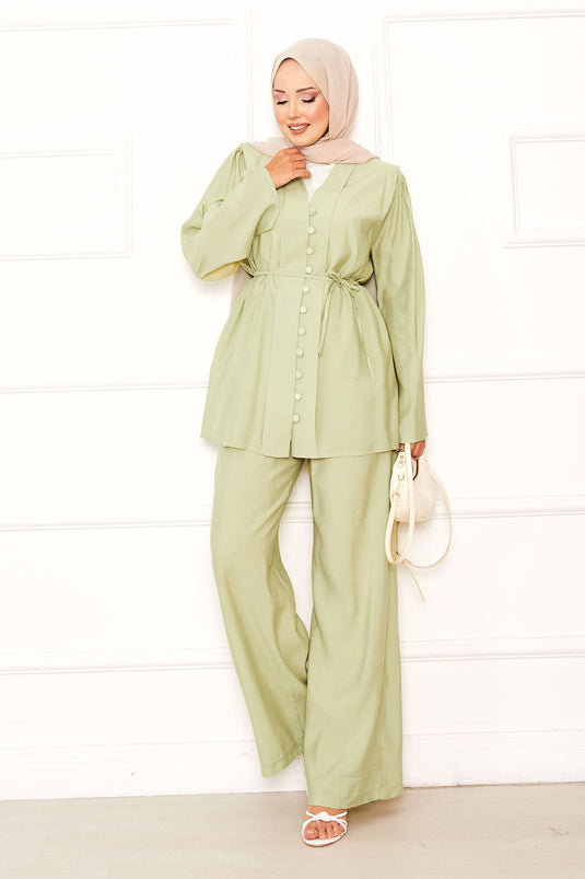 Brit Buttoned Removable Belted Two Piece Suit Oil Green