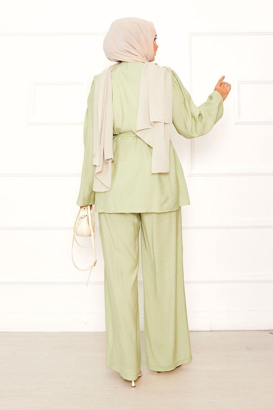 Brit Buttoned Removable Belted Two Piece Suit Oil Green