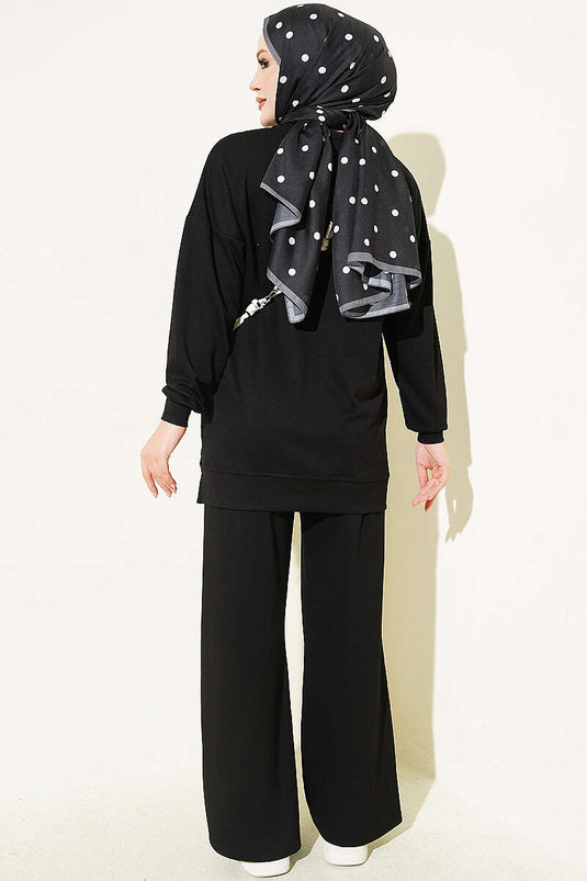 Black Crew Neck Embroidered Two-Piece Set