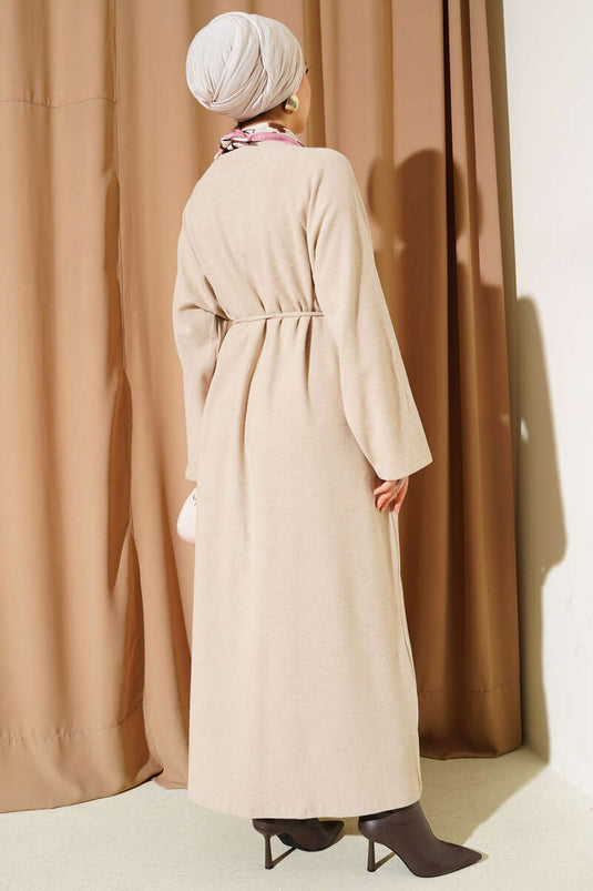 Crew Neck Embroidered Rope Belted Dress Beige