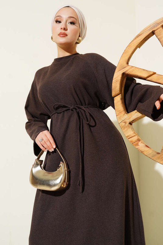 Coffee Crew Neck Dress with Emblem and Rope Belt (Coffee)