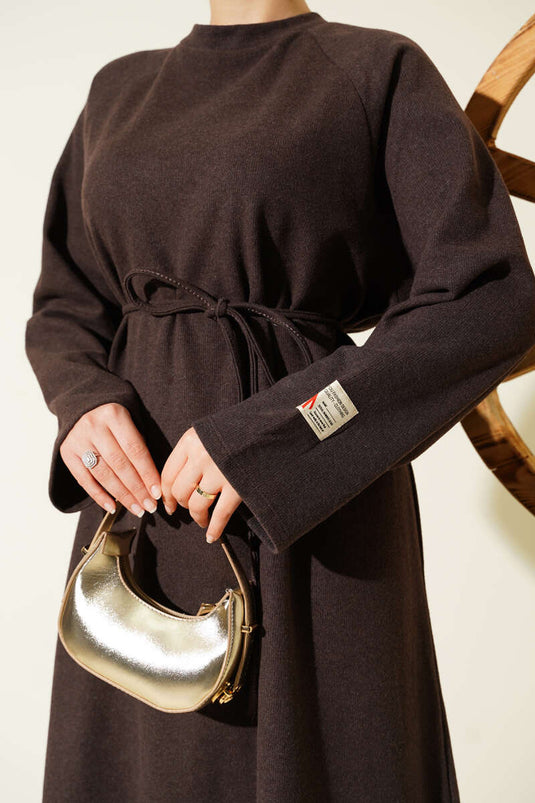 Coffee Crew Neck Dress with Emblem and Rope Belt (Coffee)