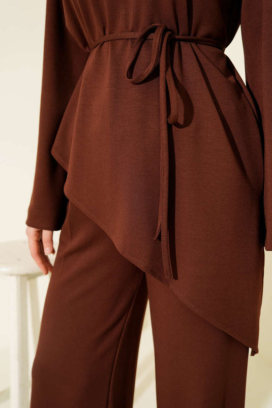 Bisiklet Yaka Asimetrik Kesim Loyşa İkili Takım Kahve