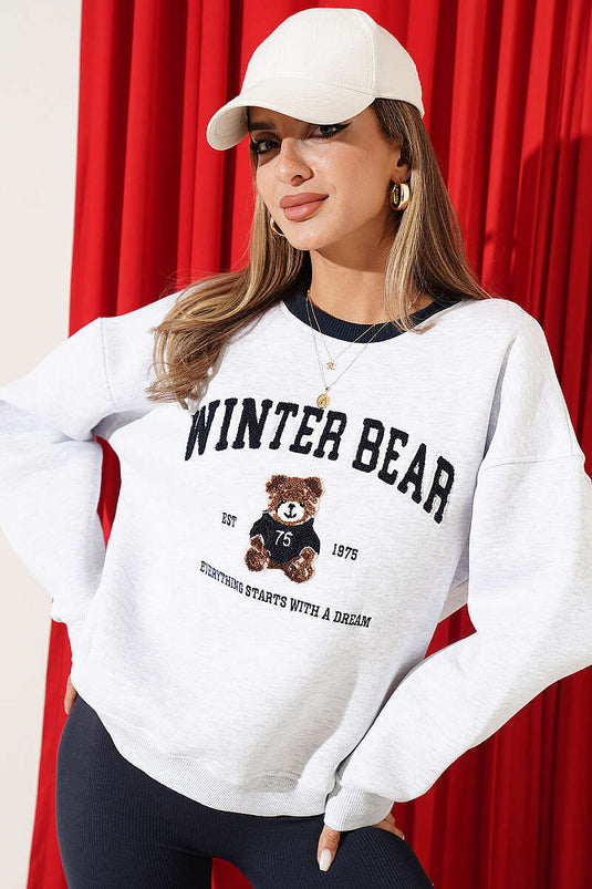 Bisiklet Yaka Ayıcık Baskılı Sweatshirt Melanj Gri