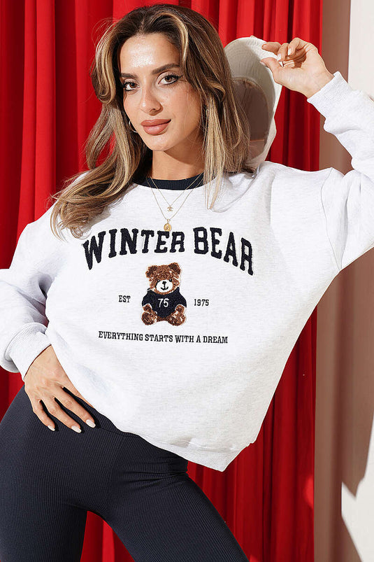 Bisiklet Yaka Ayıcık Baskılı Sweatshirt Melanj Gri