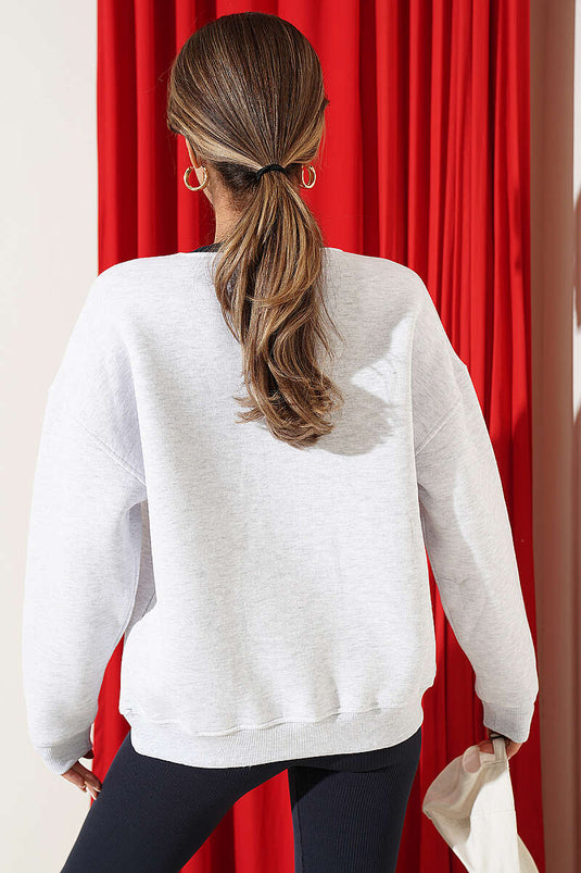 Bisiklet Yaka Ayıcık Baskılı Sweatshirt Melanj Gri