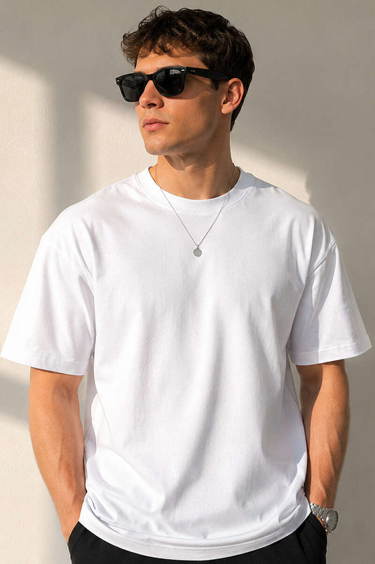 Basic Oversize Herren T-Shirt mit Rundhalsausschnitt Weiß