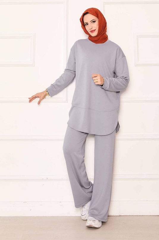 بدلة أويشو الأساسية ذات الرقبة الدائرية باللون الرمادي